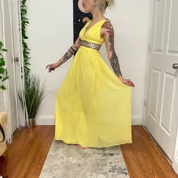 Marchesa Notte Sleeveless Fit & Flare Maxi Dress Beaded Waist Size 4 Yellow - Picture 4 of 13